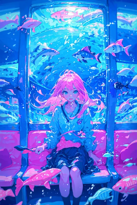 1girl,solo,cute,in train,water,bubble,water splash,floating fish,blue and pink and purple