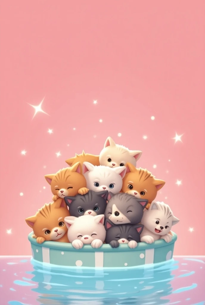 Animated kittens piled up on a pink background with stars in a swimming pool 