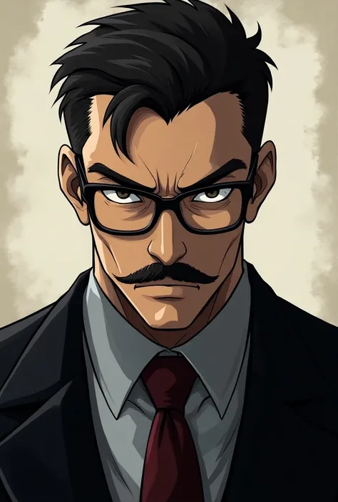 Man in dark suit , glasses with matte lenses and moustache ANIME