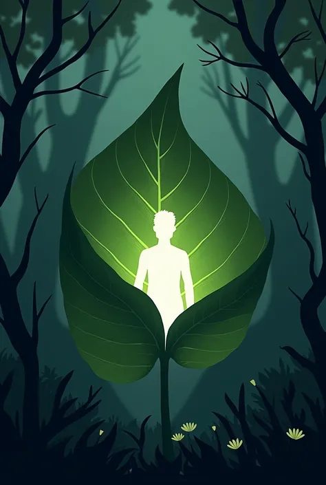 Create a sheet with the silhouette of a white person in the middle of the leaf with a dark forest background