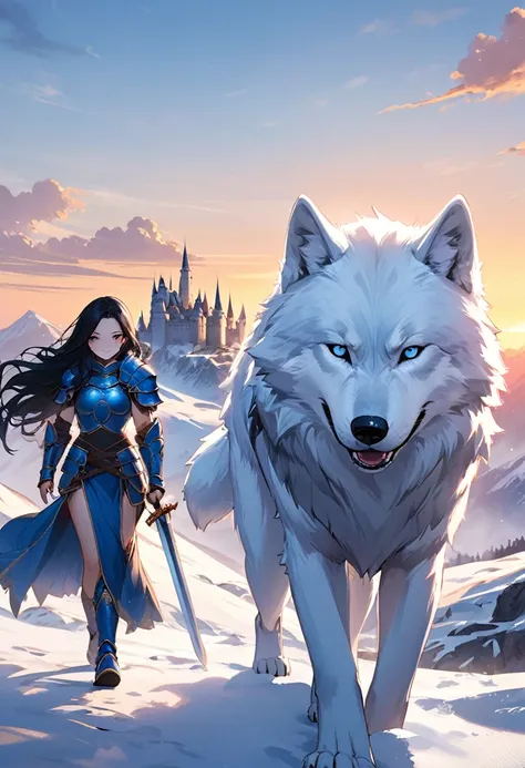 long black hair, white skin, circle face, warrior princess, wearing blue armor, holding long sword, in snowy mountain at sunset, walking forward, side by side with white dire wolf, in background there are majestic castle