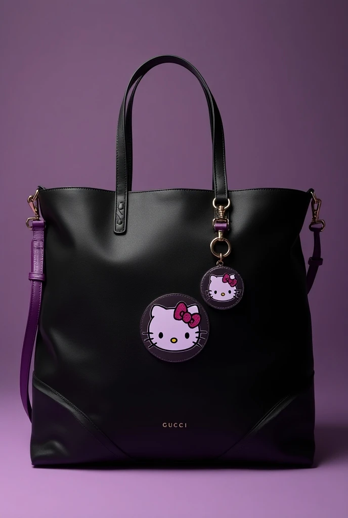 Create a large side bag in black with purple details and with a small circular photo of Kurami from the Hello Kitty design on the front and a keychain with the Gucci logo 