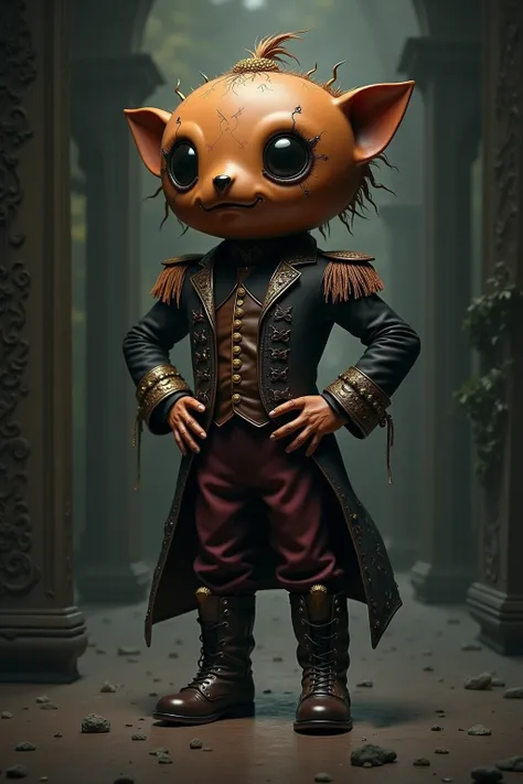 generate images of kawaii chibi character of (chestnut fruit head) zany scarecrow with a horror fantasy theme,(hands on hips:1.5),clothes must be highly intricate military style , elegant, and visually striking, highly detailed leather boots, resembling di...