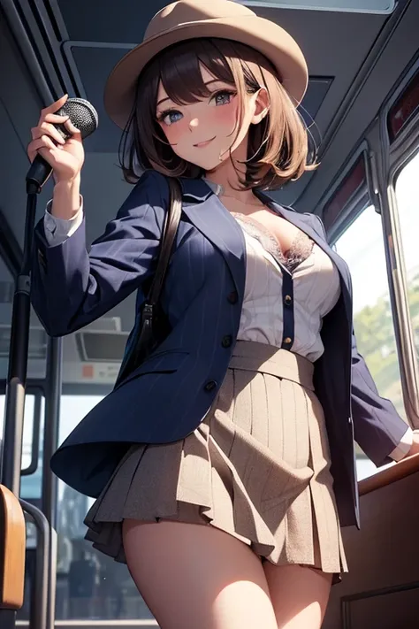 (masterpiece), best quality,  perfect face, (horny ),bus guide, (1girl), standing, ( in bus), short brown hair ,teasing smile, hat, dark blue stripe jacket , (white blouse:1.1), (open blouce:1.2) , (dark blue tight skirt) , purple bra with lace, (holding m...