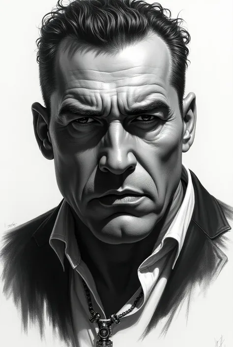  Hyperrealistic drawing in black and white, Dynamic image, with a slightly turned face , of a mobster 