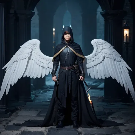  generate an image of a mysterious figure with angelic wings standing in a dark room lined with stone pillars and burning torches。The characters face is hidden 、 in a simple combat costume 、 has two crescent-shaped swords 。
