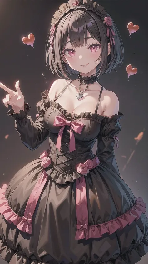  Black Hair , short cut bob hairstyle、(((((smile、matter of taste)))))、(((High school girl))))、((((Estrus season)))), ((( Gothic Lolita Fashion ))、 anatomically correct, ((Mansion))、 choker、heart in pink eyes