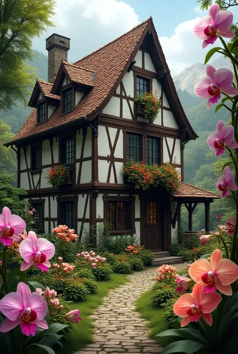 Half-timbered house with vibrantly colored garden and lots of orchids