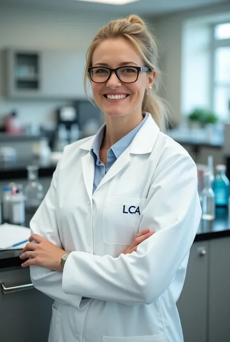 a female chemistry and biology teacher wearing a robe with a logo containing the letters LCA .  The teacher wears laboratory glasses, blonde hair tied in a ponytail, average age 45 years, smiling 