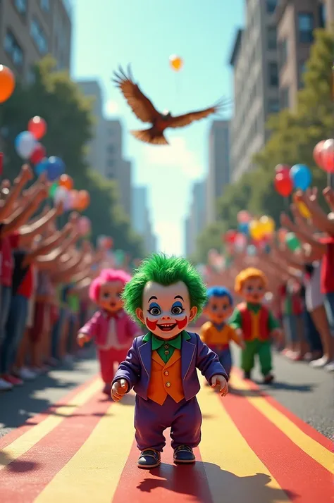 Have a baby parade around in a Joker cosplay and next to him, place a flying hawk. Create a beautiful, bright scene, with a runway and lots of people cheering." 