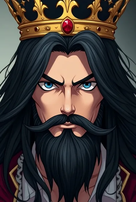 A handsome man with blue eyes ,  long black hair,  a black beard with a padlock mustache and a kings crown (anime)