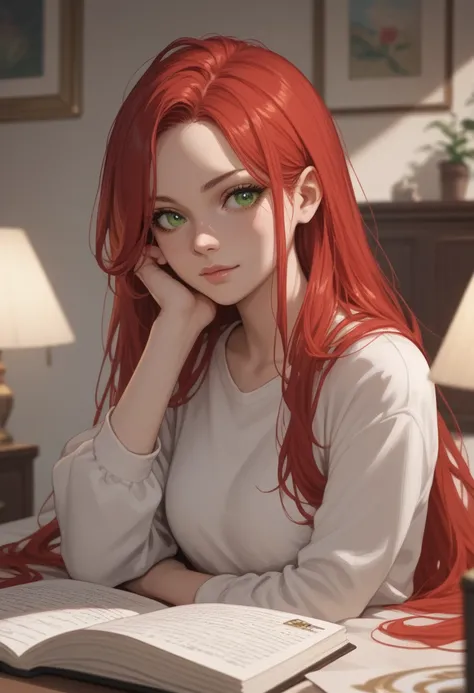 red hair,green eyes,long hair
