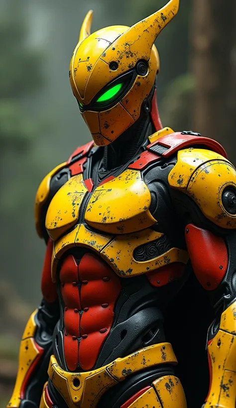 Now create a fusion of Sektor and Cirax yellow and red metal mortal konbate characters with green eyes and lots of shadows around them and a robotic drone on top of them with red and dark eyes as in the Mortal Konbate scenario com capacete vermelho e a rou...