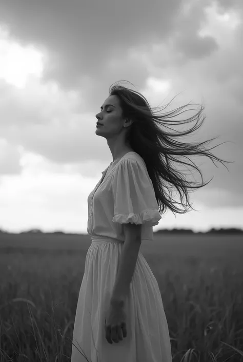 Create a fine art portrait that captures the essence of freedom and serenity. The subject, a woman with flowing hair, stands gracefully against a backdrop of a vast, open field beneath a dramatic, cloud-filled sky. The monochrome palette adds a timeless qu...