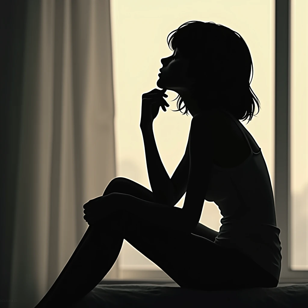 Create a silhouette of a girl sitting thinking