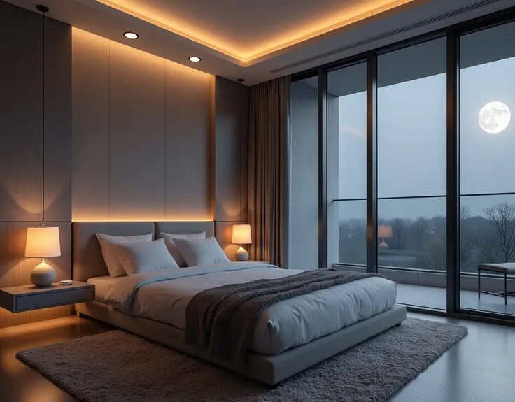 Create a luxurious and modern double room (gray colors) without people ... Replicate the same room at night