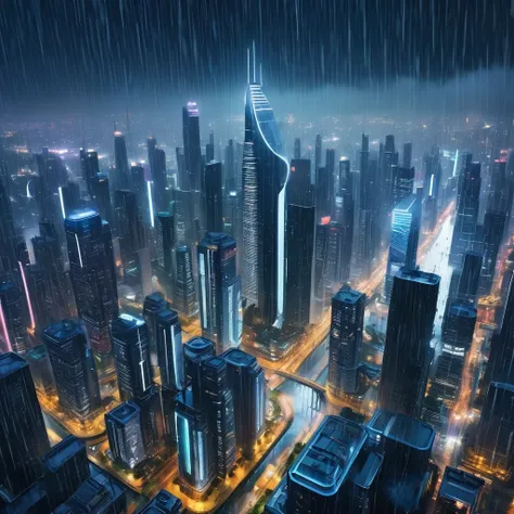 big futuristic city, tall buildings, aerial view, rainy night 