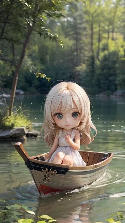 1 girl, solo, {beautiful and detailed eyes}, calm expression, hair by the breeze, delicate facial features, Blunt bangs, beautiful Russian girl, eye smile, very small earrings, (wavy white long hair:1.3), (A woman in a flowing dress sits in a small boat on...