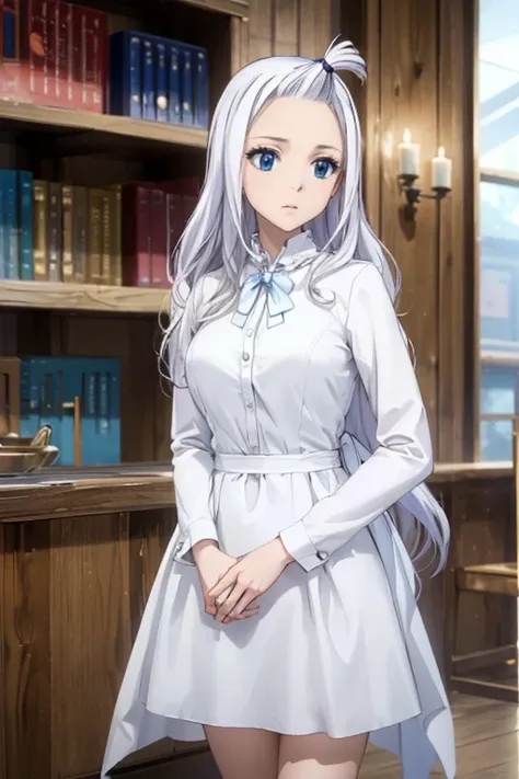 (Best Quality, 4k, 8k, Hi-Res, Masterpiece: 1.2), Ultra-Detailed, Realistic, Photorealistic: 1.37, Mirajane Strauss, beautiful woman with long straight wavy white hair and blue eyes 