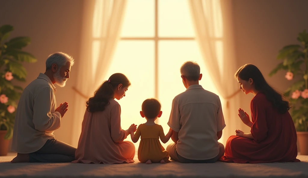 ** Prayer Family Scene **:  A family of several generations — grandparents,  parents and ren — sitting or holding hands , with an environment of peace , soft light,  and expressions of serenity ,  symbolizing unity and faith .