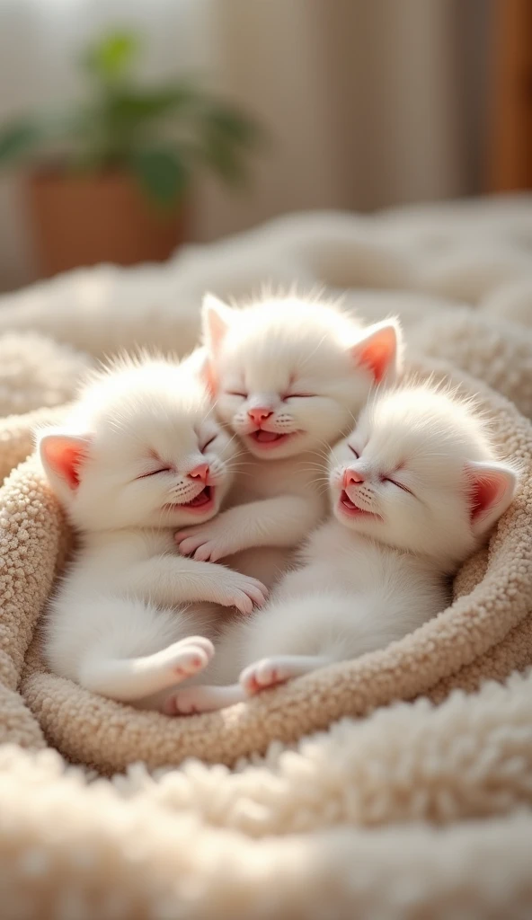 Inside the house, three cute little white furry baby kittens. All three are wrapped in blankets on their bodies on the bed, with happy smiling expressions.