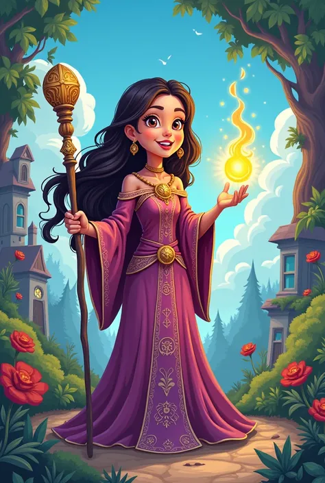 Cartoon network, cartoon, cute, 2d draw, toon, fantasy, rpg, Priestess, woman with a magician staff, priestess dress