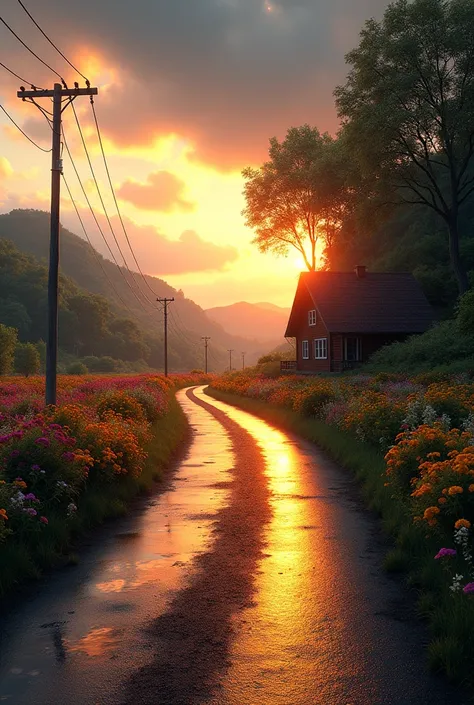 
A generated image based on your input prompt
Hyperrealistic low-angle shot of a wet road reflecting the golden light of a low sun, lined with vibrant wildflowers and a wooden house. The partly cloudy sky hints at early morning or evening. High-saturation ...