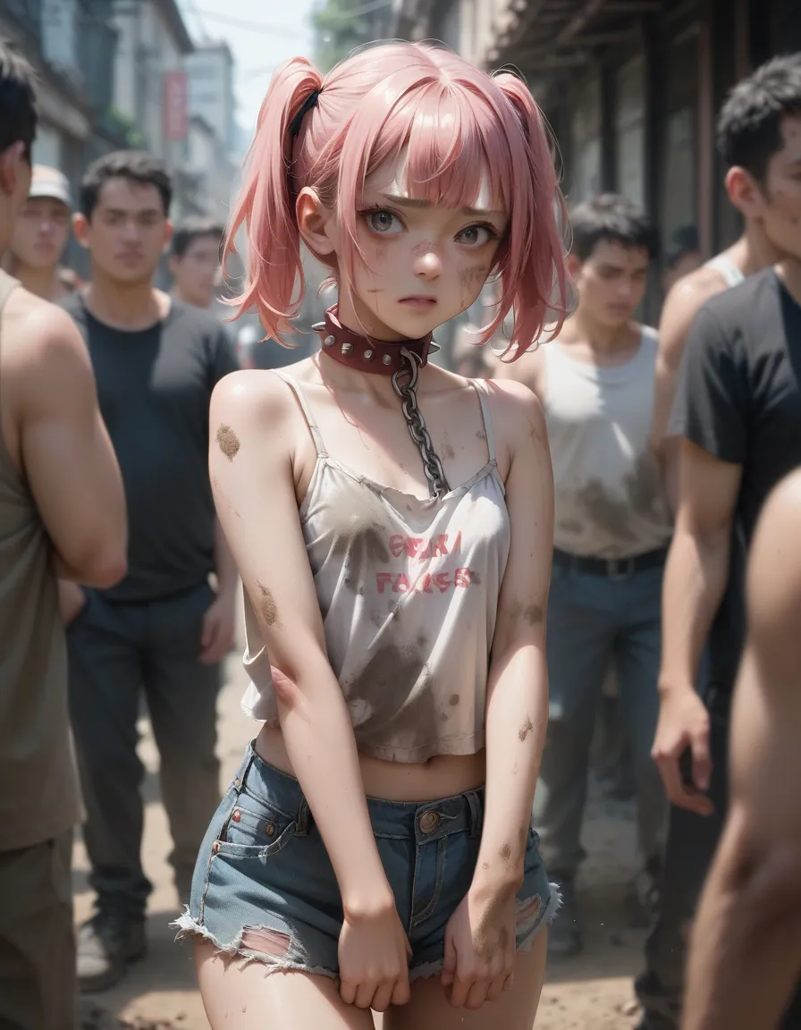 a japanese woman. pink hair. small breasts. body covered in dirt. a body full of terrible bruises. collar on a chain. ragged cam...