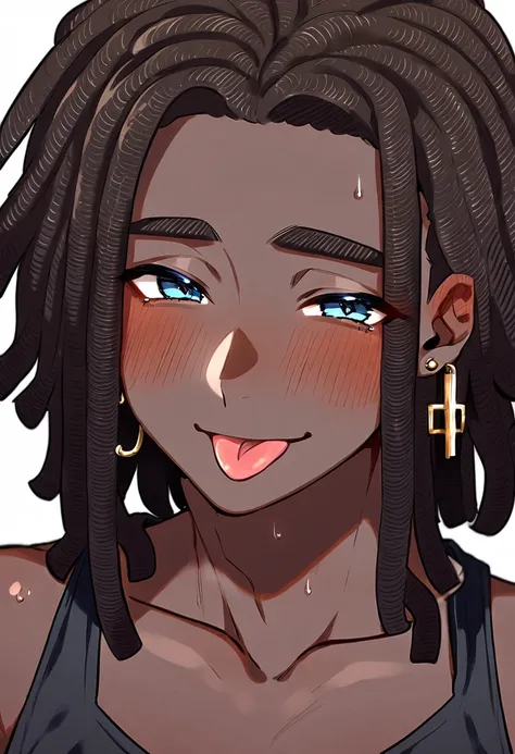 1boy, solo, messy hair, medium length hair, very dark skin, blushing, smiling, dreadlock hair, deliciated features, no fringe, without bangs, blue eyes, cross earrings, sticking out tongue, black tank top, sweating