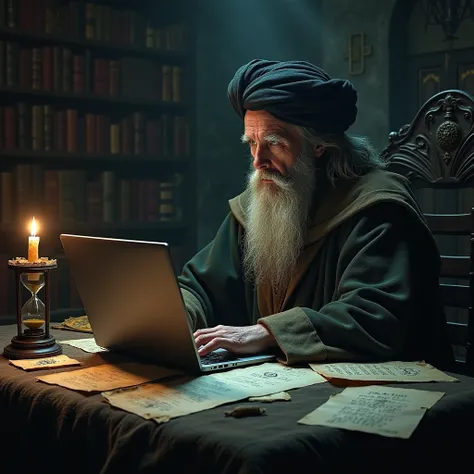 Create a picture of Nostradamus with a laptop and a hourglass  in a dark and mysterious place, dramatic lights, prediction dates and numbers