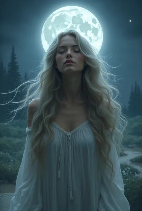 A wavy haired woman under moonlight connecting with spirituality 