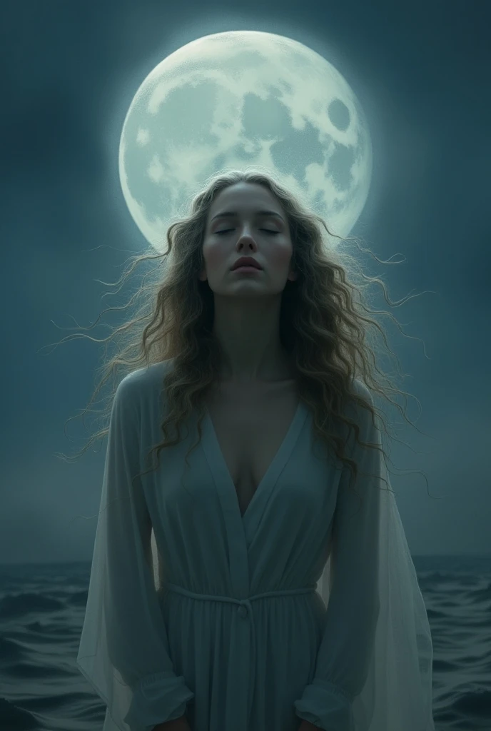 A wavy haired woman under moonlight connecting with spirituality 