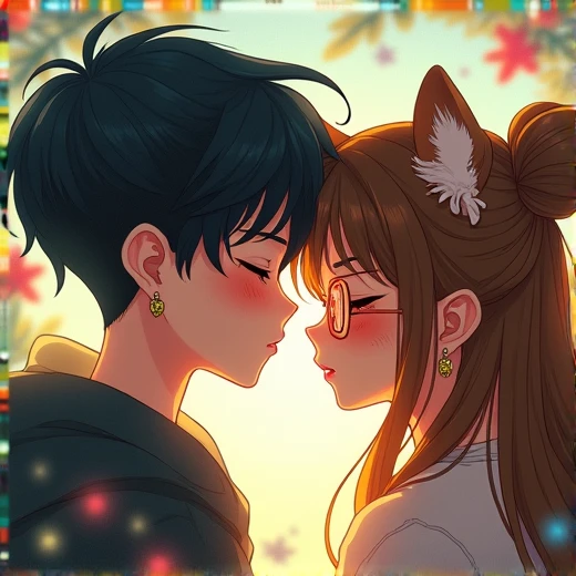 Black Hair,  shortcut , boy,Brown Hair,  bun hair,  girl,Tiger Ears, close your eyes and close your face,  Deformed Cheek Dye,  character, girl眼鏡をかけている,  glitter effect ,  Ghibli style color, Pixar, anime, 