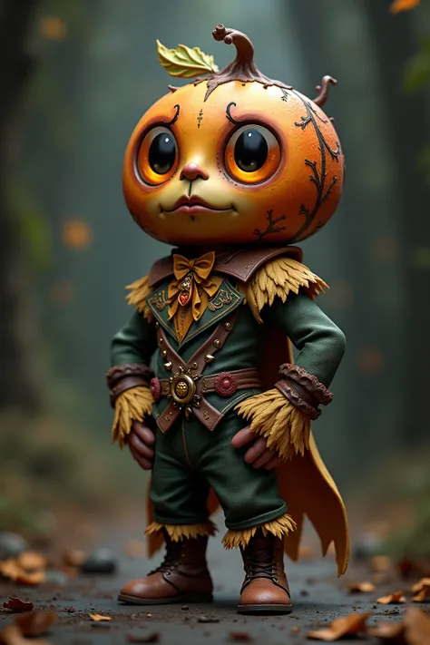 generate images of kawaii chibi character of (chestnut fruit head) zany scarecrow with a horror fantasy theme,(hands on hips:1.5),clothes must be highly intricate rococo style , elegant, and visually striking, highly detailed leather boots, resembling digi...