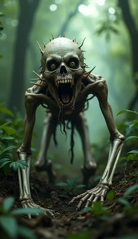 Skinwalker horror, hd photography, pale, rotten figure, bony, shrieking, crawling through undergrowth in a dense forest in daytime, wide eyes