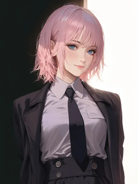 a beautiful detailed woman, realistic anime style, masterpiece, 4k, highres, ultra-detailed, ((portrait)), light pinky hair, black coat, black necktie, dark blue eyes, ((Fami Chainsaw man)), little smile, messy hair,