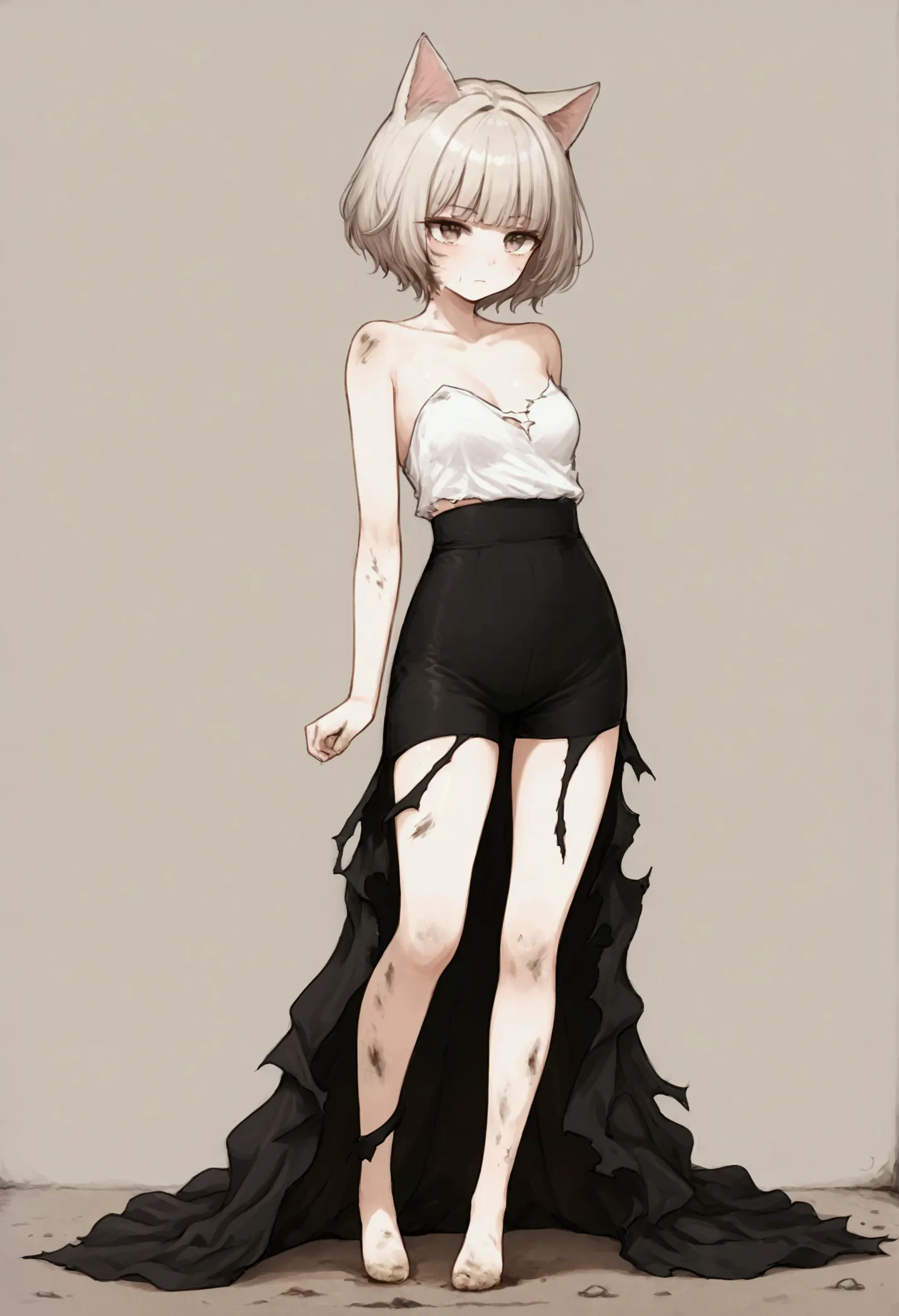 a cat girl,     big and strong very strong   ,    short hair with bangs,white,face dirty with dust,  short clothes, torn and sha...