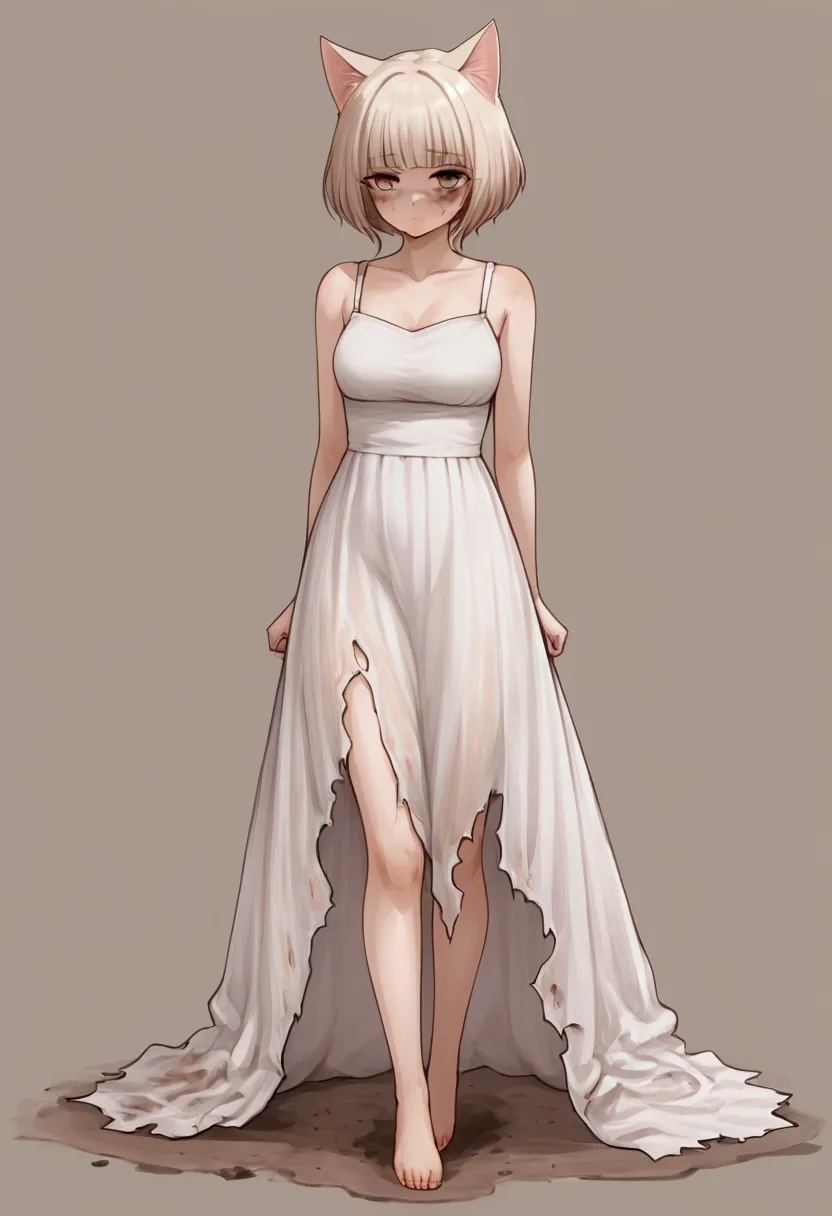 a cat girl,     big and strong very strong   ,    short hair with bangs,white,face dirty with dust,  short clothes, torn and sha...