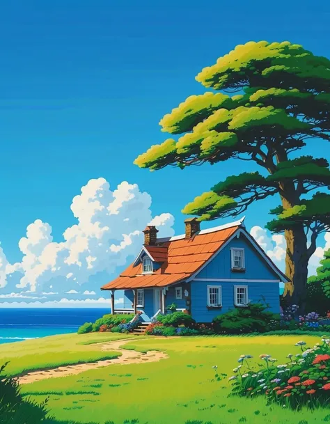 (minimalism:1.4),sea side cottage, clouds, tree near the cottage, cozy scene, anime , Studio Ghibli art, Miyazaki, pasture with blue sky and white clouds