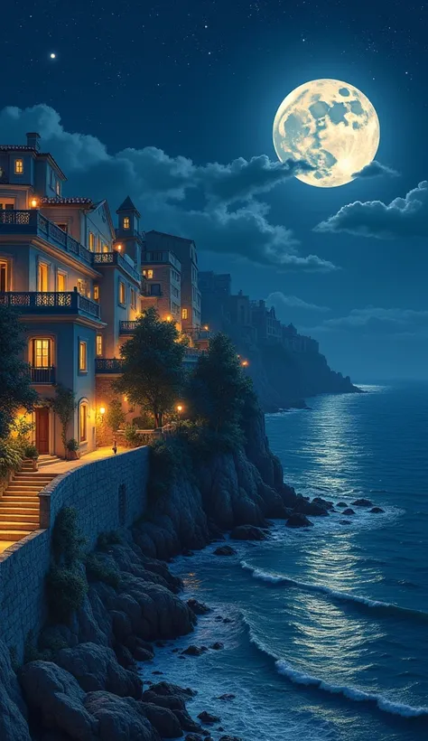 "Night, City View Overlooking the Sea, Stars and Moonlight Reflecting from the Sky"

"An elegant city view overlooking the sea at night. The city, extending with a dazzling calmness, is like a painting in enchanting silence, admiring the sea and the sky. A...