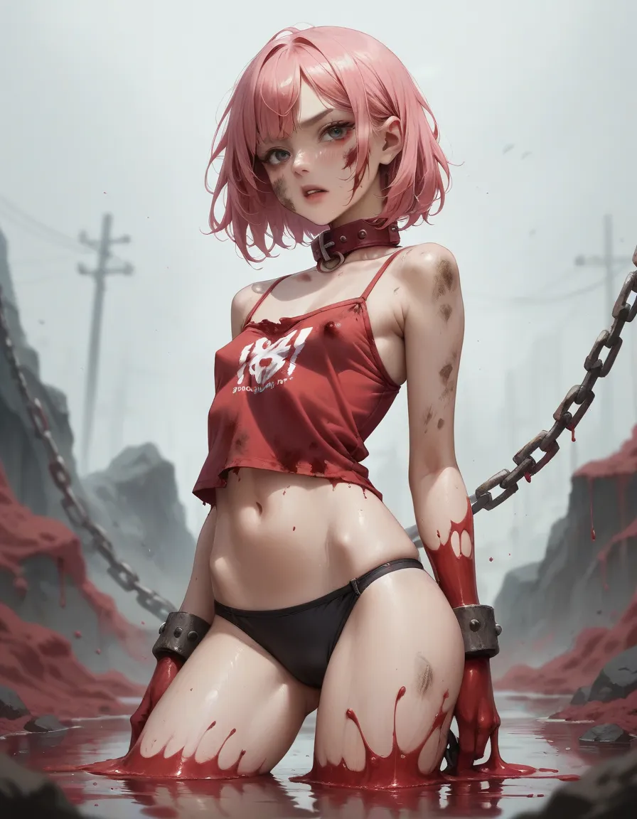 a japanese woman. pink hair. small breasts. body covered in dirt. a body full of terrible bruises. covered in red liquid. collar...