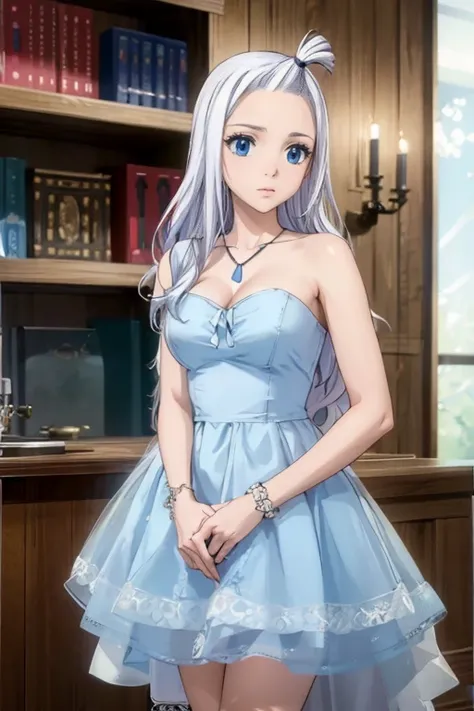 (Best Quality, 4k, 8k, Hi-Res, Masterpiece: 1.2), Ultra-Detailed, Realistic, Photorealistic: 1.37, Mirajane Strauss, beautiful woman with long straight wavy white hair and blue eyes 