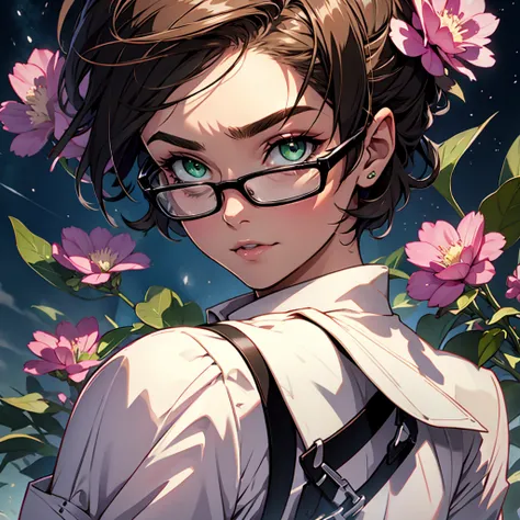 [purple flower, album cover, night time, thunder storm] [female, brown messy short hair, green eyes, black frame glasses]