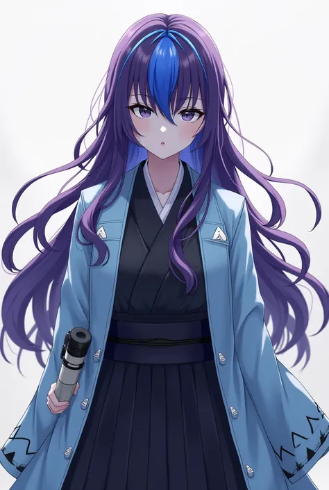  purple long hair that hides the waist　Two-color purple and blue hair 　 turn a section of ones bangs blue blue blue with blue highlights on the bangs　 part of the bangs is light blue 　Dark Eyes　Sharp, Cool Eyes 　Light blue haori coat　Blue coat with white t...