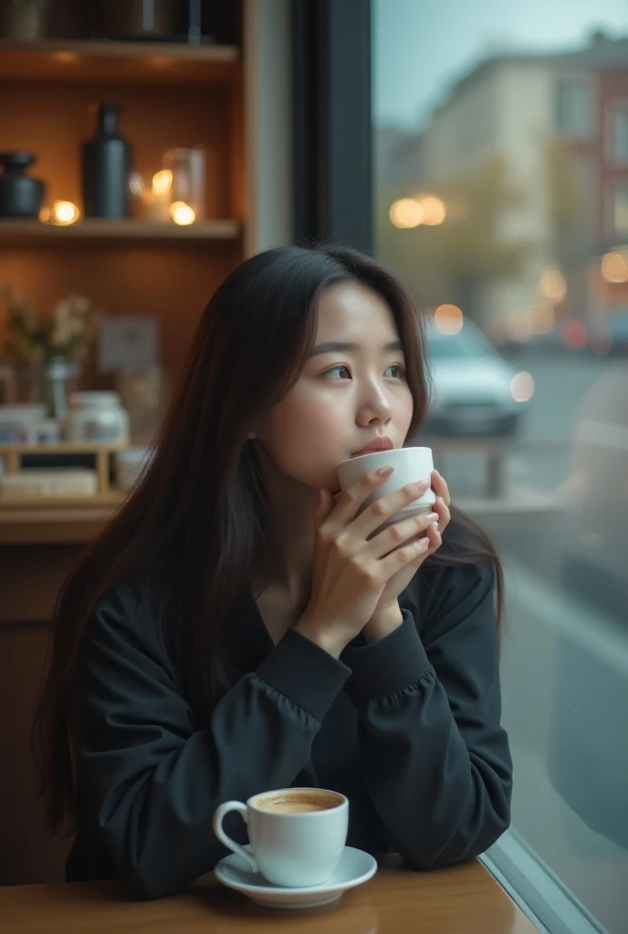 Medium shot of a young woman sitting by a café window, sipping coffee.  Captured with a 85mm lens to emphasize her calm expression, her  reflection merges with the view outside, blending the urban landscape.  Soft, natural light falls on her face, enhancin...