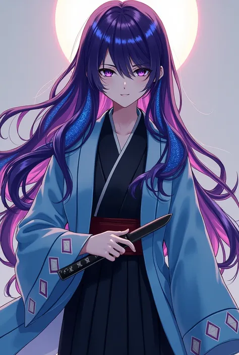  purple long hair that hides the waist　Two-color purple and blue hair 　 turn a section of ones bangs blue blue blue with blue highlights on the bangs　 part of the bangs is light blue 　Dark Eyes　Sharp, Cool Eyes 　Light blue haori coat　Blue coat with white t...