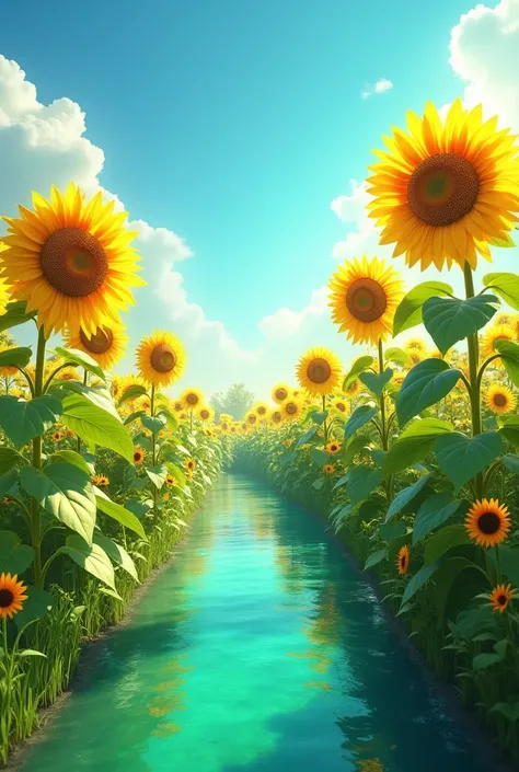 sunflower,8k, High Resolution Photo , emerald green river,Clear skies,Mr.々な大きさのsunflower,Summer vacation, photogenic 