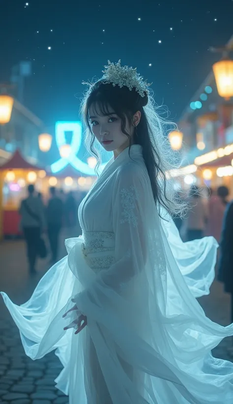 Amusement park at night。A picture of a beautiful ghost in a white kimono