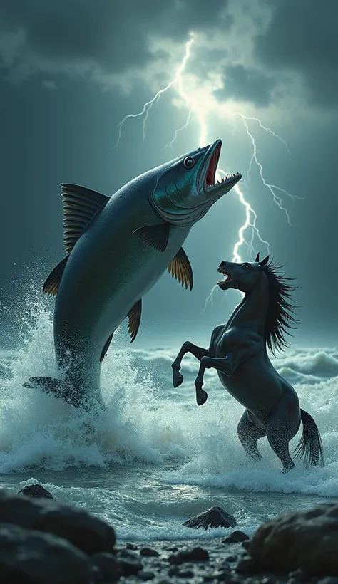 /imagine A dramatic confrontation between a large aggressive fish and a fierce horse. The fish is leaping from turbulent waters, with its mouth open showing sharp teeth and fins spread wide. The horse is rearing on its hind legs at the waters edge, with fl...