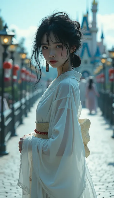  Disneyland 。A picture of a beautiful ghost in a white kimono。Messy black hair。Pale Face